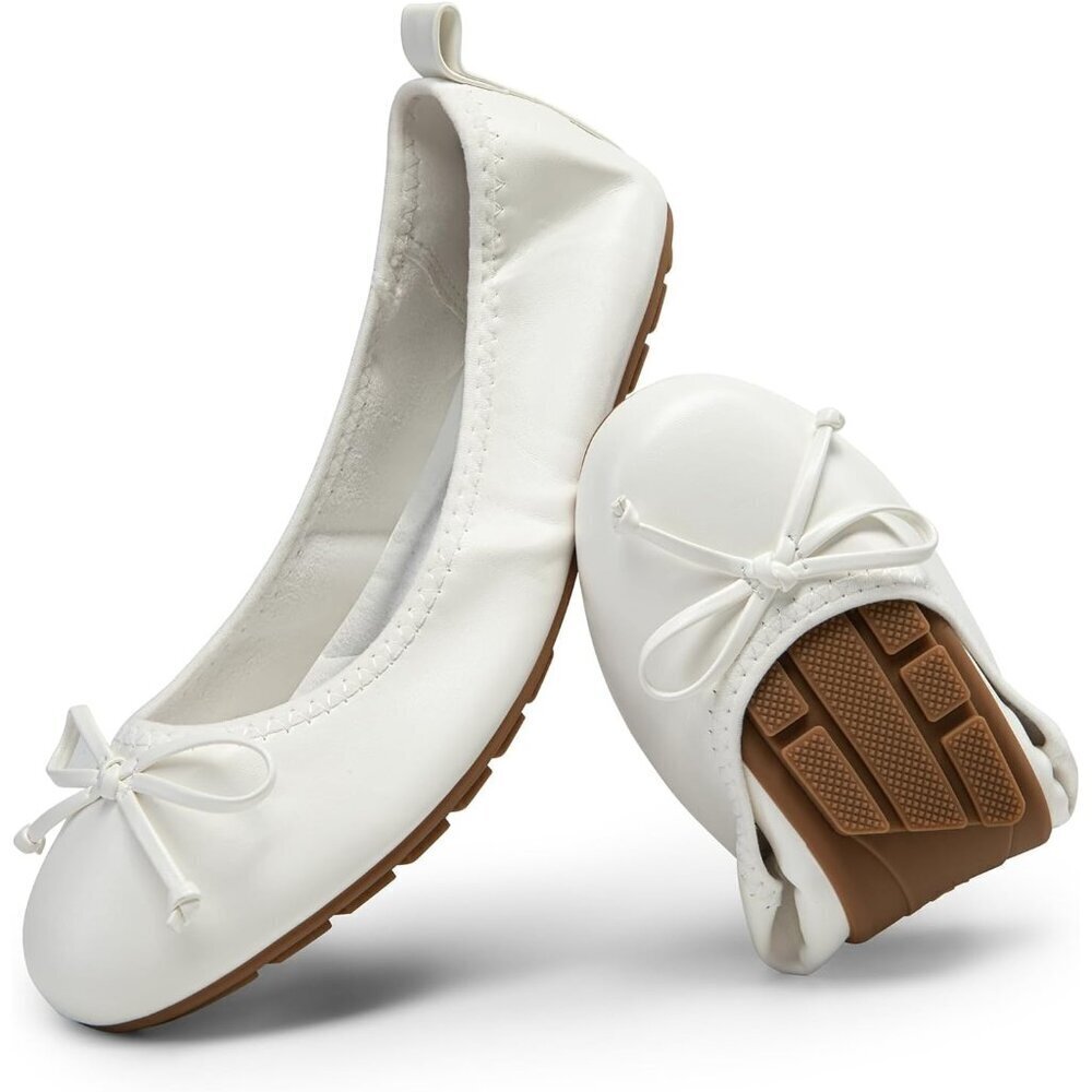 Dream Pairs Women White Faux Leather Round Toe Bowknot Foldable Ballerine Shoes
